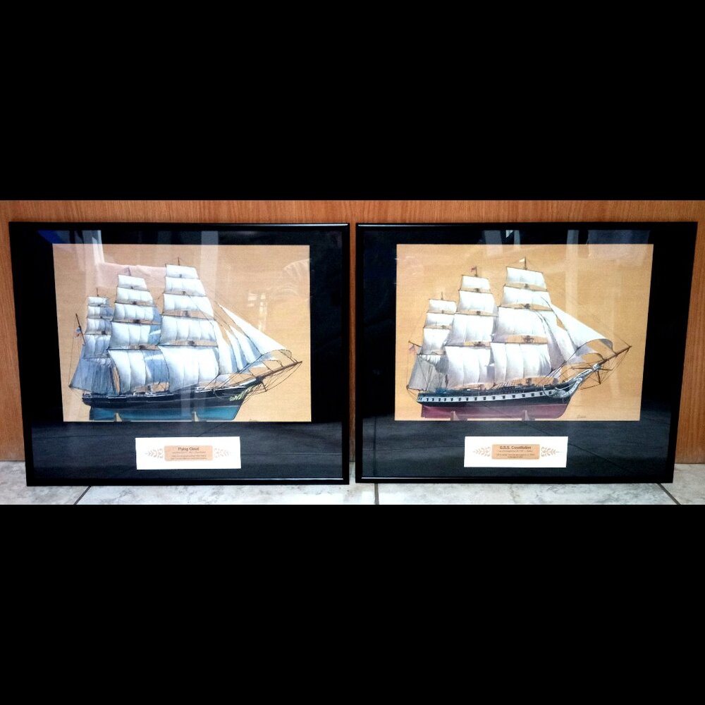 Prints by Garcia of Flying Cloud and U.S.S. Constitution Framed 20" x 16"
